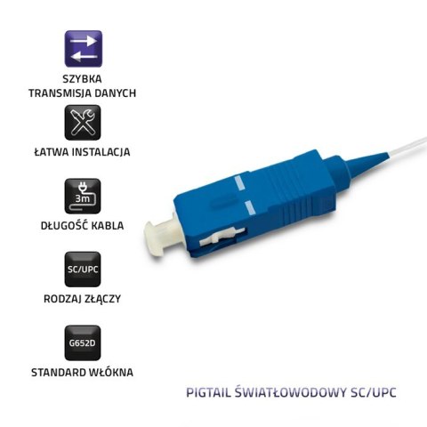 Qoltec Pigtail światłowodowy SC/UPC | Singlemode | 9/125 | G652D | 3m