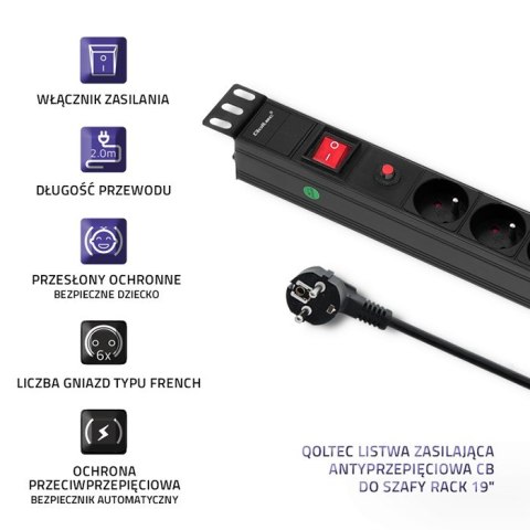 Qoltec Listwa zasilająca antyprzepięciowa CB do szafy RACK 19" | 1U | 16A | PDU | 6xFRENCH | 2m