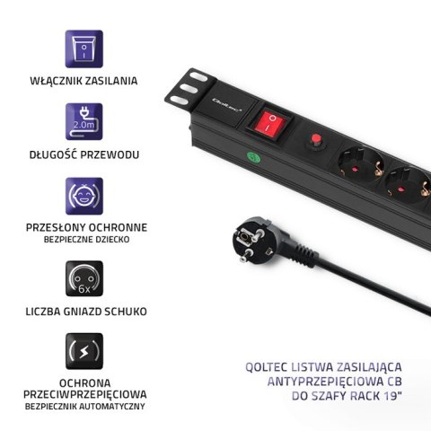 Qoltec Listwa zasilająca antyprzepięciowa CB do szafy RACK 19" | 1U | 16A | PDU | 6xSCHUKO | 2m