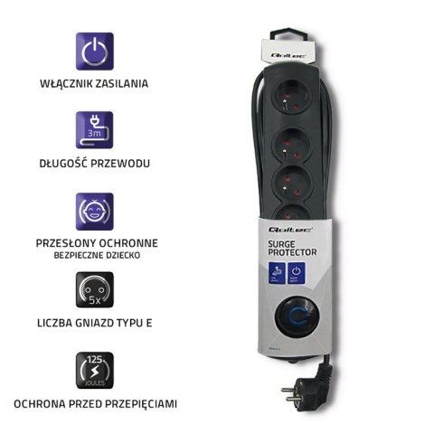 Qoltec Listwa antyprzepięciowa | 5 gniazd | 3m
