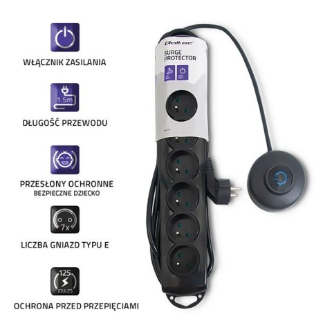 Qoltec Listwa antyprzepięciowa | wł. QS | 7 gniazd | 1.5m