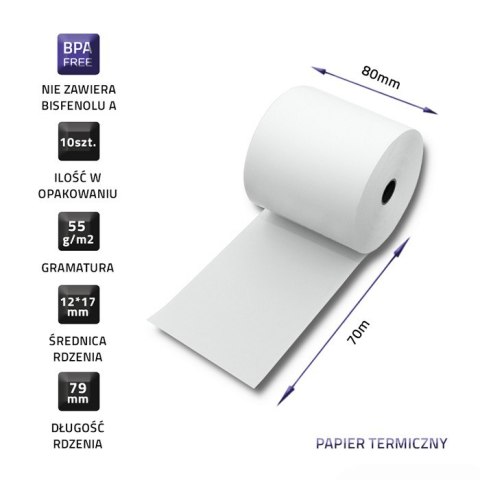 Qoltec Rolka termiczna 80 x 70 | 55g/m2 | 10szt. | BPA free