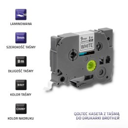 Qoltec Taśma do BROTHER TZe-221 | 9mm x 8m | Biała/ Czarny nadruk