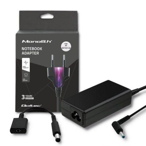 Qoltec Zasilacz do HP 65W | 19.5V | 3.33A 4.5*3.0+pin | adapter 4.5*3.0+pin/7.4*5.0+pin |+kabel zasilający