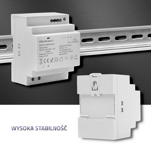 Qoltec Zasilacz na szynę DIN | 85.2W | 12V | 7.1A | Szary