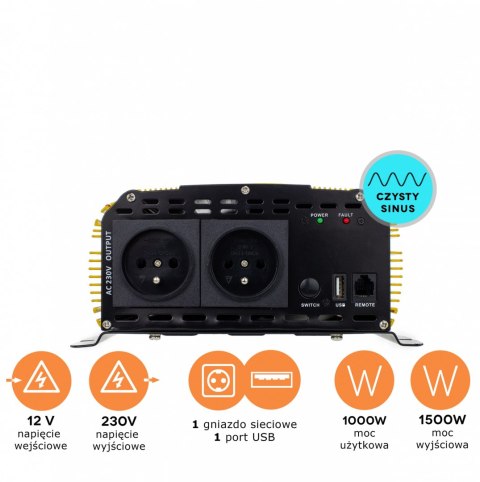Przetwornica napięcia 12V 1500/1000W SINUS PLUS Czysty sinus