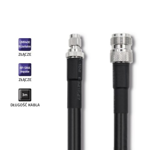 Qoltec Kabel koncentryczny LMR400 | N Żeński | RP-SMA Męski | 3m