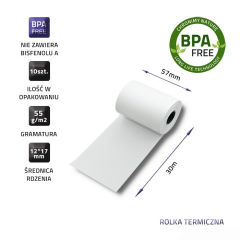 Qoltec Rolka termiczna 57 x 16 | 55g/m2 | 10szt. | BPA free
