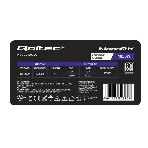 Qoltec Zasilacz PCI-E 1850W | 80 Plus Platinum | Gaming Miner