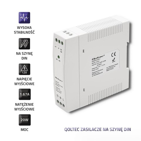 Qoltec Zasilacz na szynę DIN | 20W | 12V | 1.67A | Biały | Slim