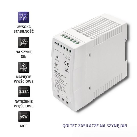 Qoltec Zasilacz na szynę DIN | 40W | 12V | 3.33A | Szary | Slim