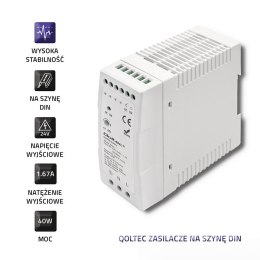Qoltec Zasilacz na szynę DIN | 40W | 24V | 1.67A | Szary | Slim