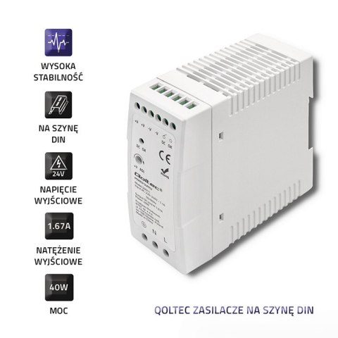 Qoltec Zasilacz na szynę DIN | 40W | 24V | 1.67A | Szary | Slim