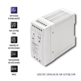 Qoltec Zasilacz na szynę DIN | 60W | 12V | 5A | Szary | Slim