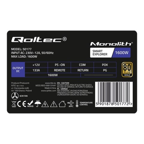 Qoltec Zasilacz PCI-E Smart 1600W | 80 Plus Gold - Data mining