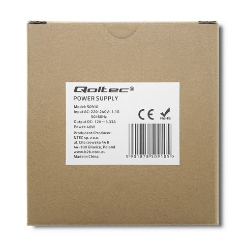 Qoltec Zasilacz na szynę DIN | 40W | 12V | 3.33A | Szary | Slim