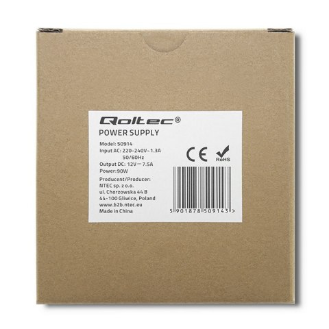 Qoltec Zasilacz na szynę DIN | 90W | 12V | 7.5A | Szary | Slim