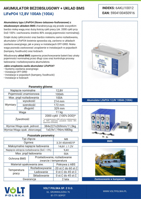 AKUMULATOR LiFePO4 12,8V 100Ah (100A) + BMS BEZOBSŁUGOWY