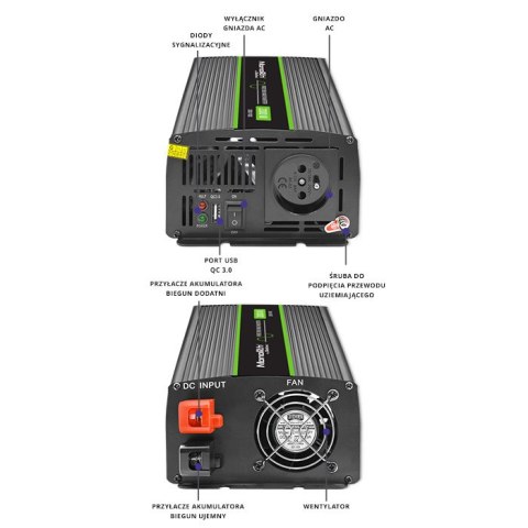 Qoltec Przetwornica napięcia Monolith | 1000W | 2000W| 12V na 230V | Czysty Sinus