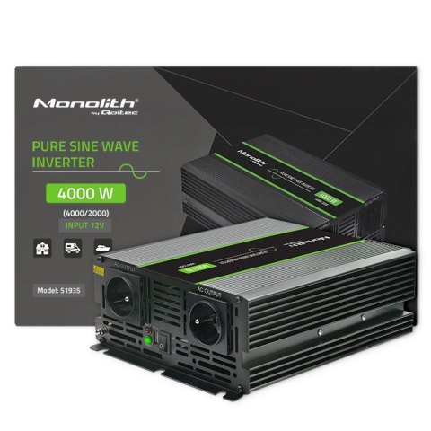 Qoltec Przetwornica napięcia Monolith | 2000W | 4000W | 12V na 230V | Czysty Sinus