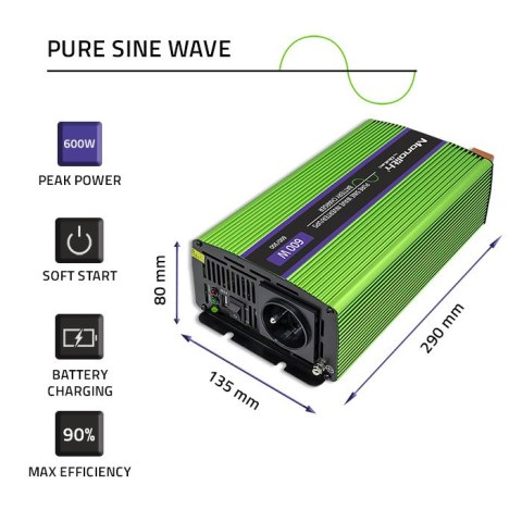 Qoltec Przetwornica napięcia Monolith | ładowanie baterii | UPS | 300W | 600W | 12V na 230V | Czysty Sinus