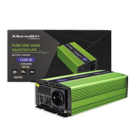 Qoltec Przetwornica napięcia Monolith | ładowanie baterii | UPS | 600W | 1200W | 12V na 230V |Czysty Sinus
