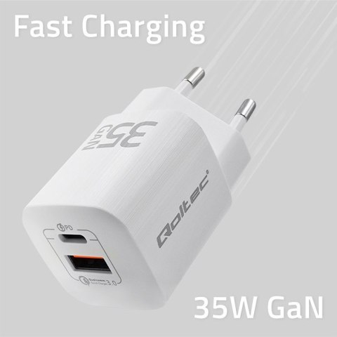 Qoltec Ładowarka sieciowa 35W GaN ULTRA | 5-20V | 2.25-3A | 1xUSB typ C PD | 1x USB | Biała