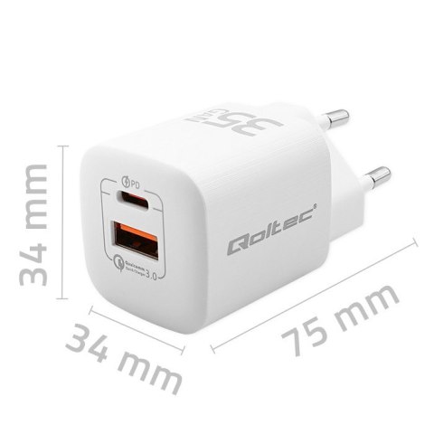 Qoltec Ładowarka sieciowa 35W GaN ULTRA | 5-20V | 2.25-3A | 1xUSB typ C PD | 1x USB | Biała