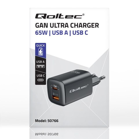 Qoltec Ładowarka sieciowa 65W GaN ULTRA | 5-20V | 2.25-3.25A | 1xUSB typ C PD | 1x USB | Czarna