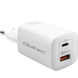 Qoltec Ładowarka sieciowa 65W GaN ULTRA | 5-20V | 2.25-3.25A | 1xUSB typ C PD | 1x USB QC 3.0 | Biała