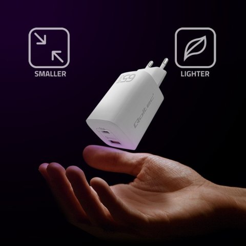 Qoltec Ładowarka sieciowa 65W GaN ULTRA | 5-20V | 2.25-3.25A | 1xUSB typ C PD | 1x USB QC 3.0 | Biała