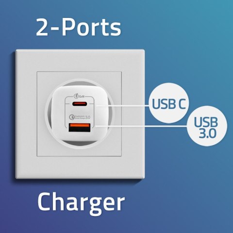 Qoltec Ładowarka sieciowa 65W GaN ULTRA | 5-20V | 2.25-3.25A | 1xUSB typ C PD | 1x USB QC 3.0 | Biała