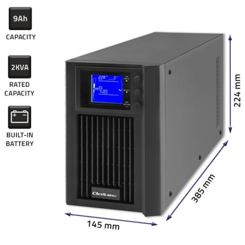 Qoltec Zasilacz awaryjny UPS | On-line | Pure Sine Wave | 2kVA | 1.6kW | LCD | USB