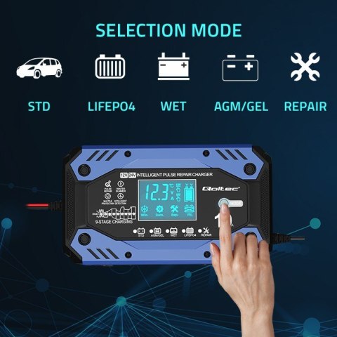 Qoltec Inteligentna ładowarka do akumulatora STD AGM GEL LiFePO4 z funkcją naprawy |12-24V |10A | LCD | 9 trybów
