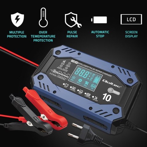 Qoltec Inteligentna ładowarka do akumulatora STD AGM GEL LiFePO4 z funkcją naprawy |12-24V |10A | LCD | 9 trybów