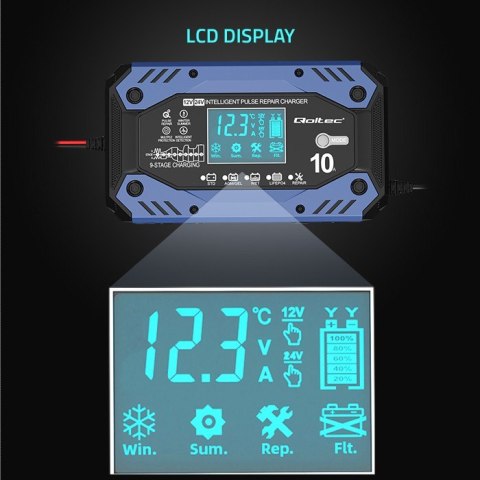 Qoltec Inteligentna ładowarka do akumulatora STD AGM GEL LiFePO4 z funkcją naprawy |12-24V |10A | LCD | 9 trybów