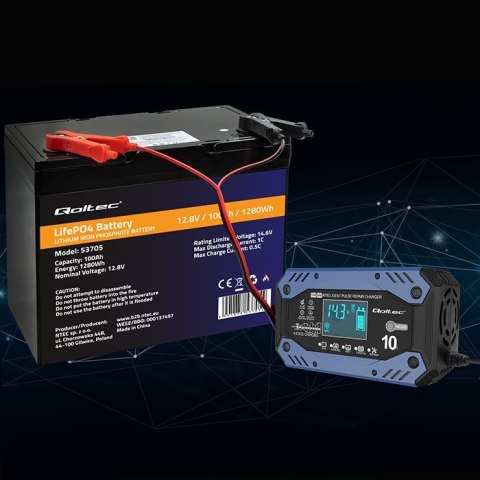 Qoltec Inteligentna ładowarka do akumulatora STD AGM GEL LiFePO4 z funkcją naprawy |12-24V |10A | LCD | 9 trybów