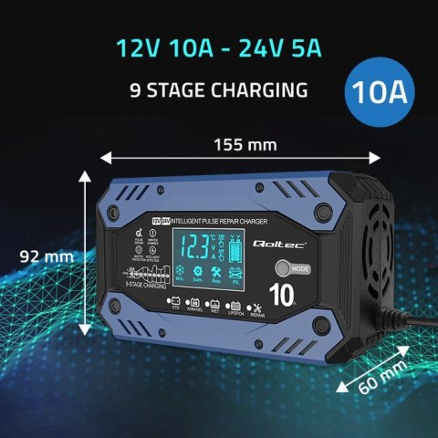 Qoltec Inteligentna ładowarka do akumulatora STD AGM GEL LiFePO4 z funkcją naprawy |12-24V |10A | LCD | 9 trybów