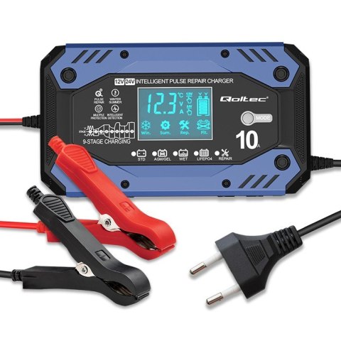 Qoltec Inteligentna ładowarka do akumulatora STD AGM GEL LiFePO4 z funkcją naprawy |12-24V |10A | LCD | 9 trybów