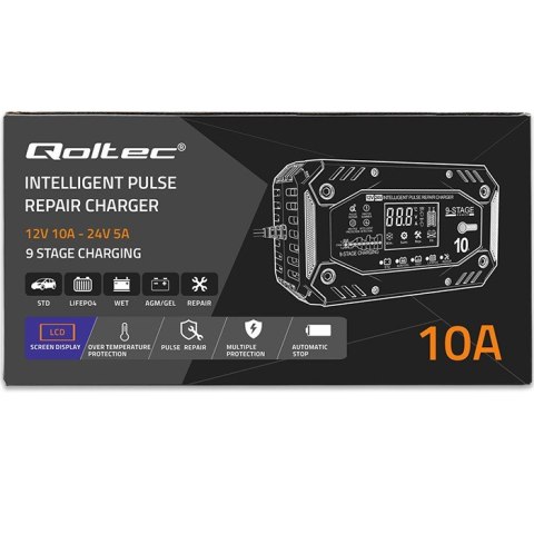 Qoltec Inteligentna ładowarka do akumulatora STD AGM GEL LiFePO4 z funkcją naprawy |12-24V |10A | LCD | 9 trybów