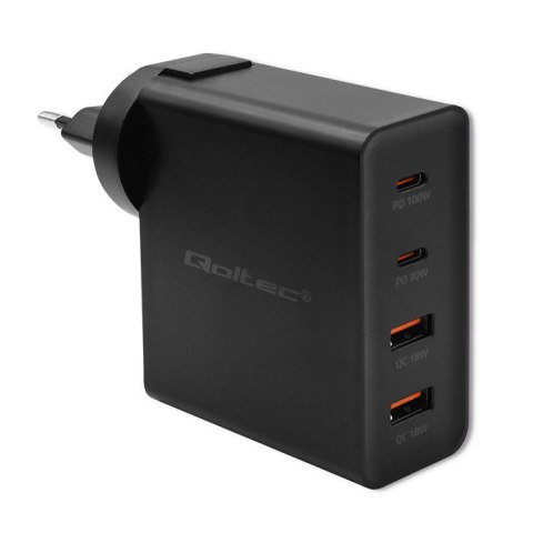 Qoltec Ładowarka GaN POWER PRO | 2xUSB-C | 2xUSB | 130W | 5-20V | 1.5-3.25A | PD | Czarna