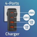 Qoltec Ładowarka GaN POWER PRO | 2xUSB-C | 2xUSB | 130W | 5-20V | 1.5-3.25A | PD | Czarna