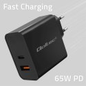 Qoltec Ładowarka Super Quick PD | 65W | 5-20V | 1.5-3.25A | 1xUSB typ C | 1xUSB A | Czarna