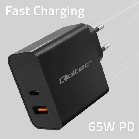 Qoltec Ładowarka Super Quick PD | 65W | 5-20V | 1.5-3.25A | 1xUSB typ C | 1xUSB A | Czarna