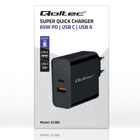 Qoltec Ładowarka Super Quick PD | 65W | 5-20V | 1.5-3.25A | 1xUSB typ C | 1xUSB A | Czarna