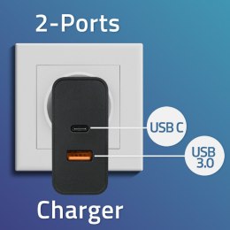 Qoltec Ładowarka Super Quick PD | 90W | 5-20V | 2.4-4.35A | 1xUSB typ C | 1xUSB A | Czarna