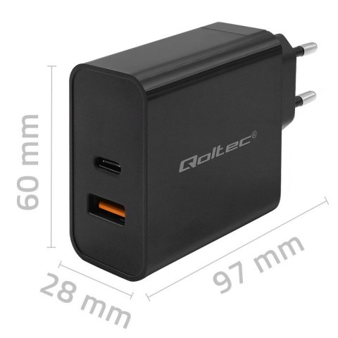 Qoltec Ładowarka Super Quick PD | 90W | 5-20V | 2.4-4.35A | 1xUSB typ C | 1xUSB A | Czarna