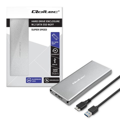 Qoltec Aluminiowa Obudowa | Kieszeń na dysk M.2 SSD | SATA | NGFF | USB 3.0 | Super speed | 2TB | Srebrny