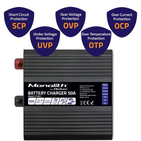 Qoltec Inteligentna profesjonalna ładowarka Monolith do akum. LiFePO4 AGM GEL SLA | 50A | 12V