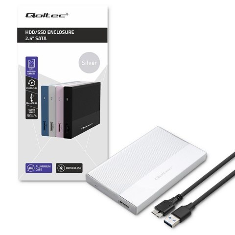 Qoltec Aluminiowa Obudowa | Kieszeń na dysk SSD HDD 2.5" | SATA | USB 3.0 | Super speed 5Gb/s | 2TB | Srebrny